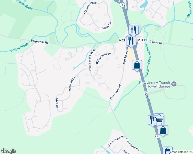 map of restaurants, bars, coffee shops, grocery stores, and more near 179 Pinetree Court in Howell Township