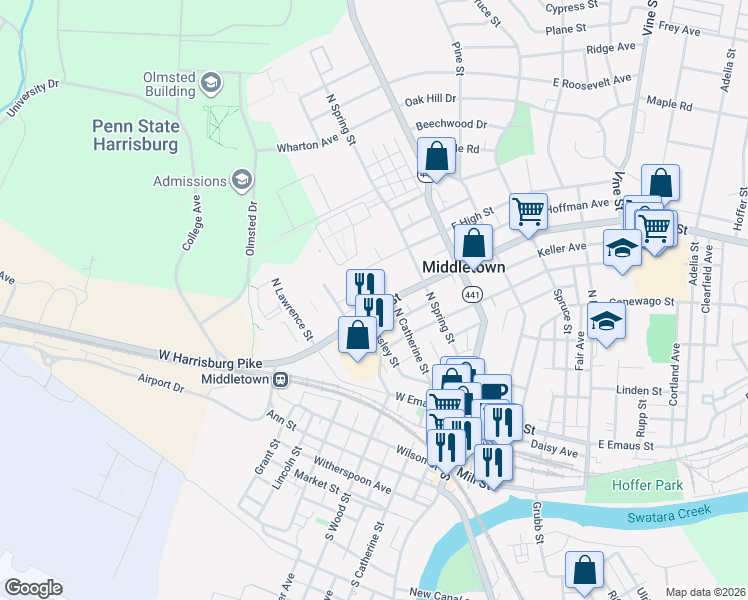 map of restaurants, bars, coffee shops, grocery stores, and more near 247 West Main Street in Middletown