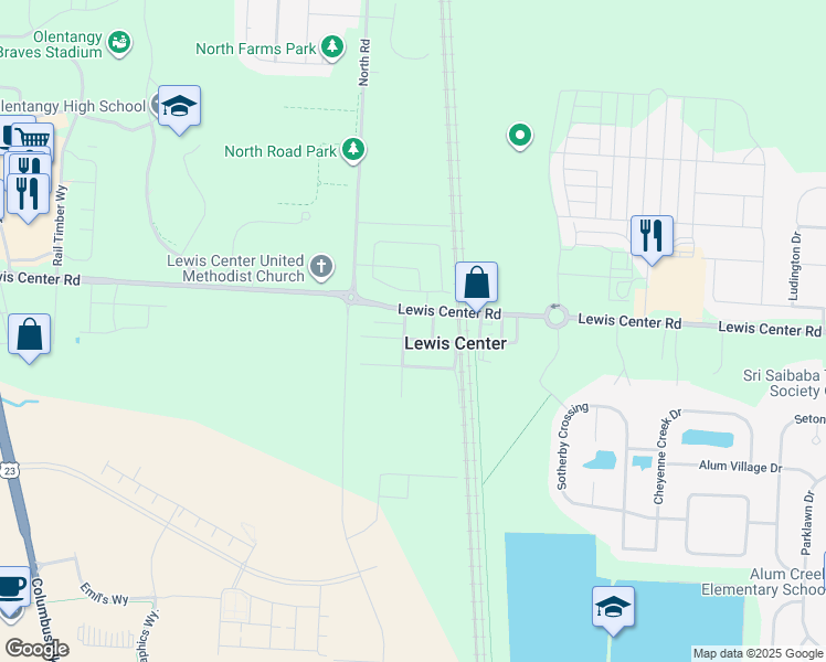 map of restaurants, bars, coffee shops, grocery stores, and more near 1347 Franklin Street in Lewis Center