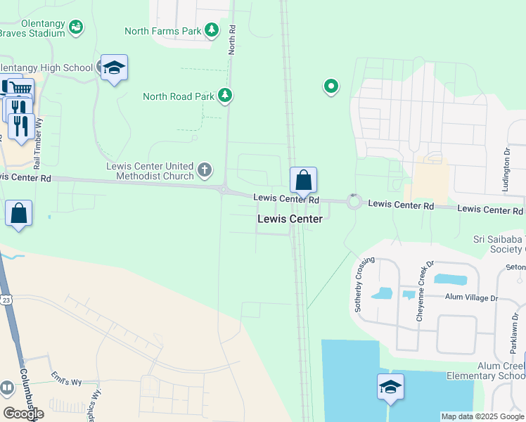 map of restaurants, bars, coffee shops, grocery stores, and more near 1347 Franklin Street in Lewis Center
