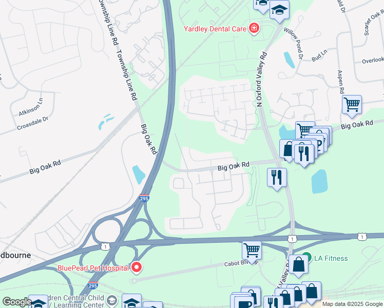 map of restaurants, bars, coffee shops, grocery stores, and more near 5 Griffin Way in Yardley