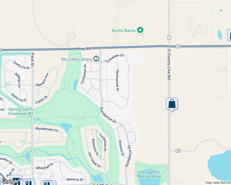 map of restaurants, bars, coffee shops, grocery stores, and more near 2325 Spotswood Street in Longmont