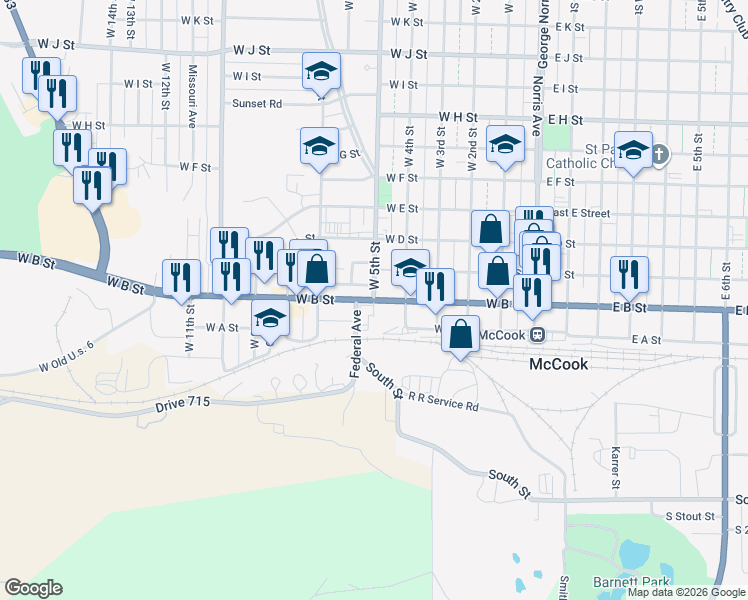 map of restaurants, bars, coffee shops, grocery stores, and more near 601 Blue Star Memorial Highway in McCook