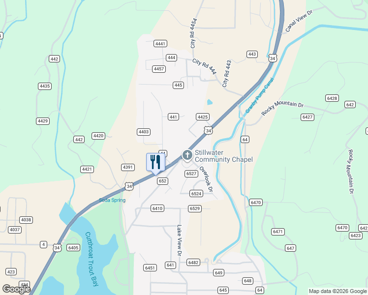 map of restaurants, bars, coffee shops, grocery stores, and more near 10164-10186 U.S. 34 in Grand Lake