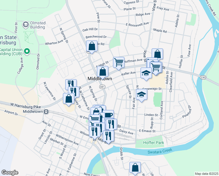 map of restaurants, bars, coffee shops, grocery stores, and more near 38 East Water Street in Middletown