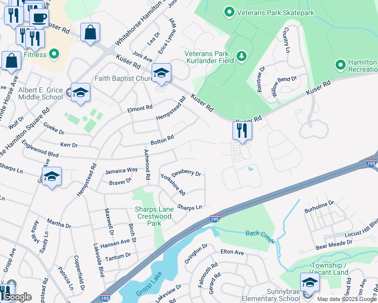 map of restaurants, bars, coffee shops, grocery stores, and more near 36 Dark Leaf Drive in Hamilton Township