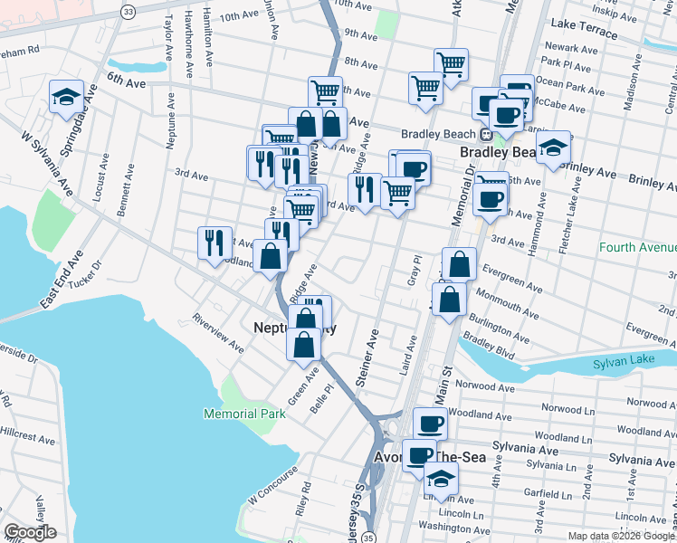 map of restaurants, bars, coffee shops, grocery stores, and more near 64 Ridge Terrace in Neptune City