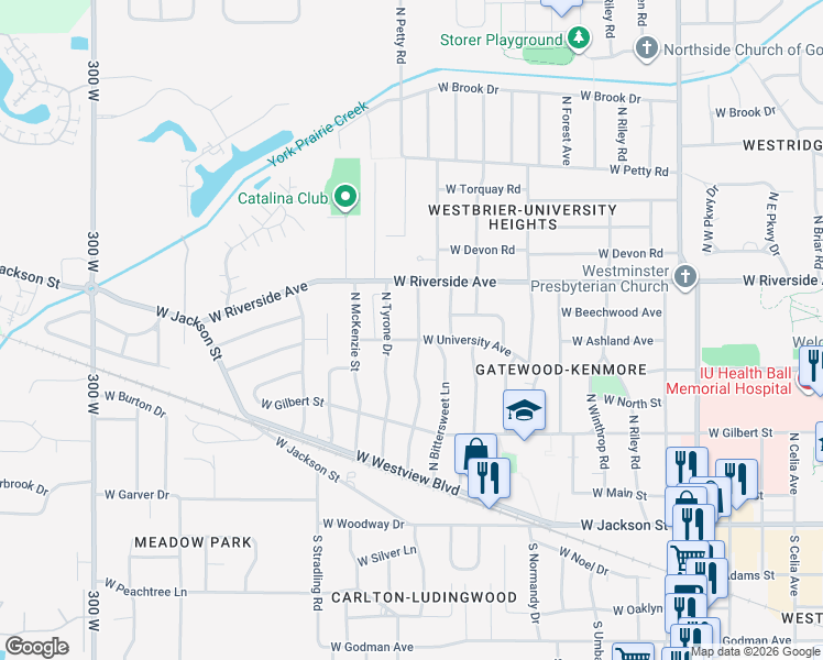 map of restaurants, bars, coffee shops, grocery stores, and more near 514 North Tyrone Drive in Muncie