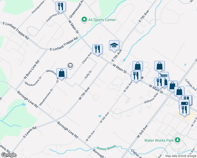 map of restaurants, bars, coffee shops, grocery stores, and more near 98 West 7th Avenue in Collegeville