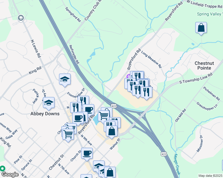 map of restaurants, bars, coffee shops, grocery stores, and more near 233 Royersford Road in Royersford