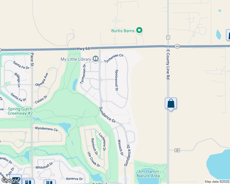 map of restaurants, bars, coffee shops, grocery stores, and more near 2325 Spotswood Street in Longmont