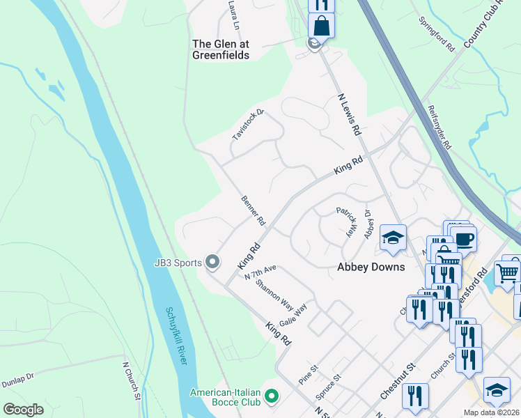 map of restaurants, bars, coffee shops, grocery stores, and more near 12 Benner Road in Royersford