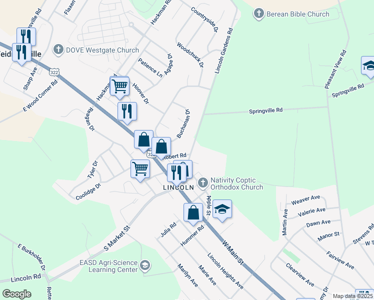 map of restaurants, bars, coffee shops, grocery stores, and more near 76 Robert Road in Ephrata