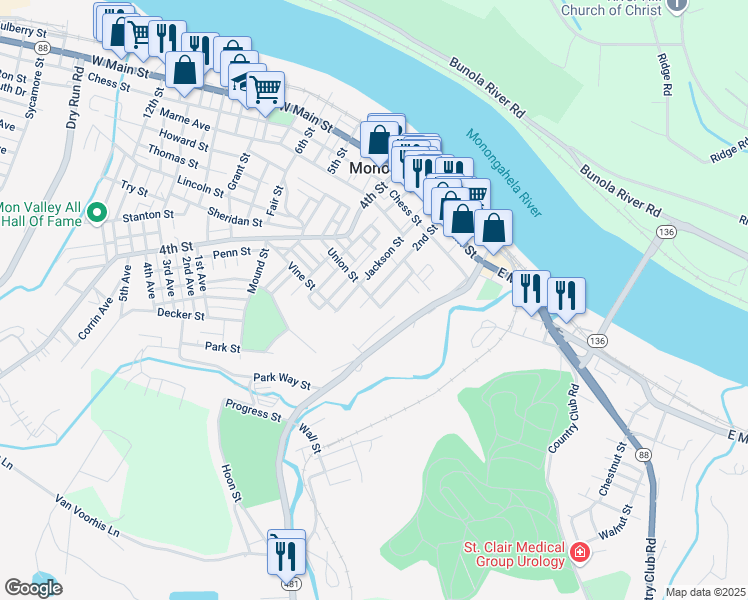 map of restaurants, bars, coffee shops, grocery stores, and more near 507 2nd Street in Monongahela