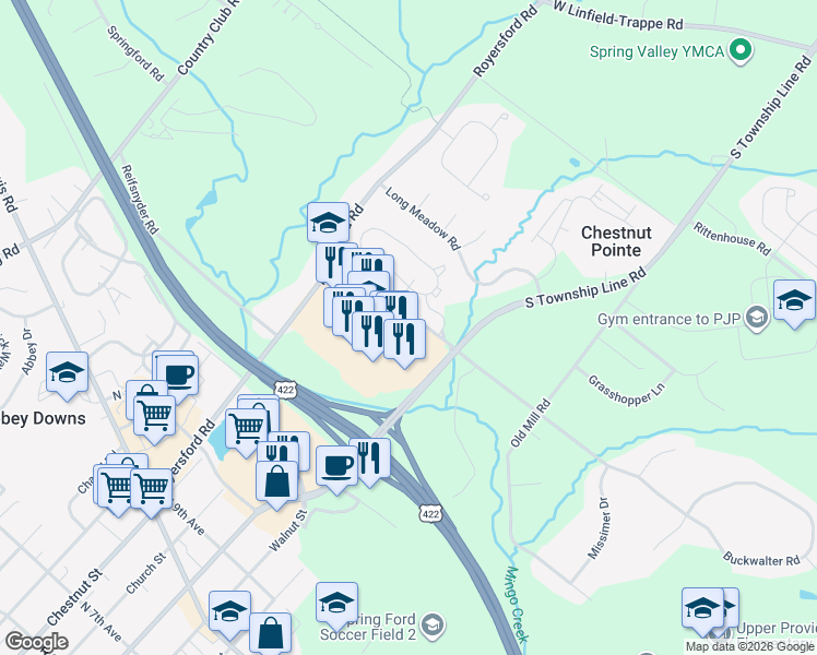 map of restaurants, bars, coffee shops, grocery stores, and more near 60 Buckwalter Road in Royersford