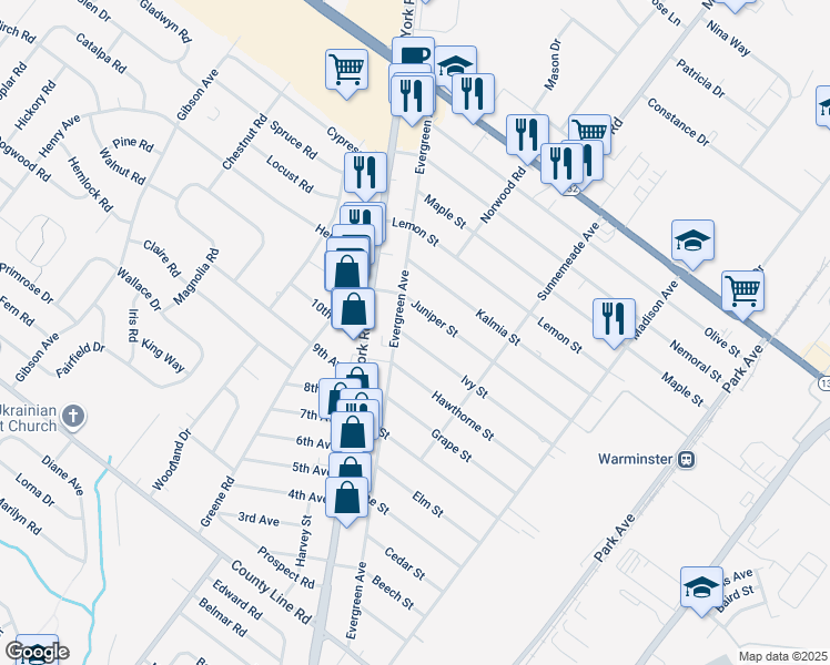 map of restaurants, bars, coffee shops, grocery stores, and more near 495 Ivy Street in Warminster