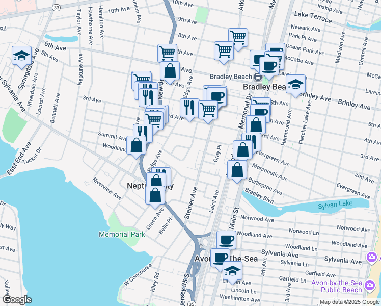 map of restaurants, bars, coffee shops, grocery stores, and more near 82 Ridge Terrace in Neptune City