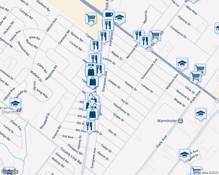 map of restaurants, bars, coffee shops, grocery stores, and more near 495 Ivy Street in Warminster