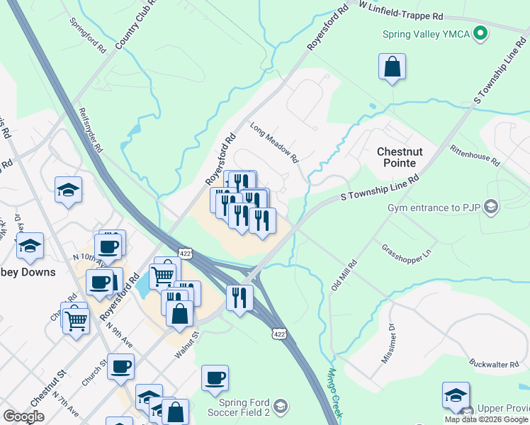map of restaurants, bars, coffee shops, grocery stores, and more near 60 Buckwalter Road in Royersford
