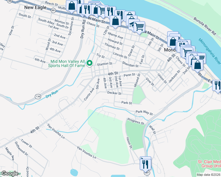 map of restaurants, bars, coffee shops, grocery stores, and more near 1015 Decker Street in Monongahela