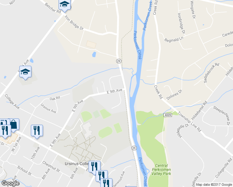 map of restaurants, bars, coffee shops, grocery stores, and more near 101 Russell Circle in Collegeville
