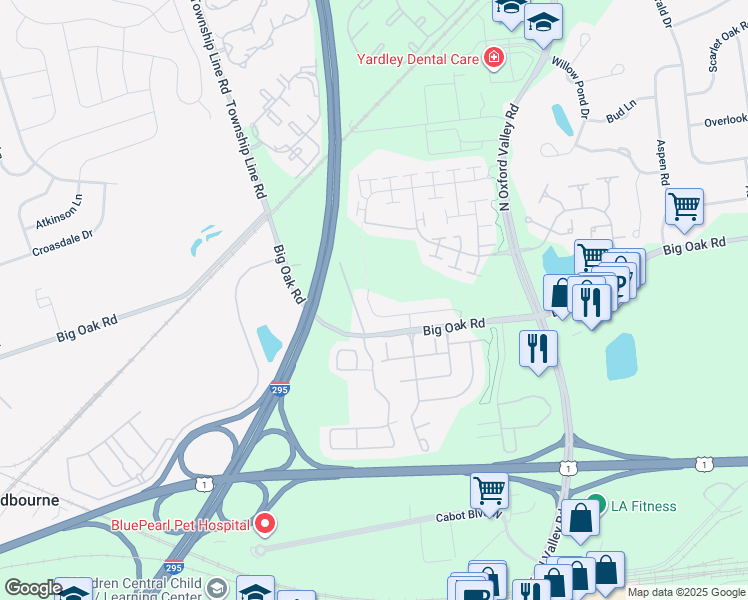 map of restaurants, bars, coffee shops, grocery stores, and more near 1 Griffin Way in Yardley