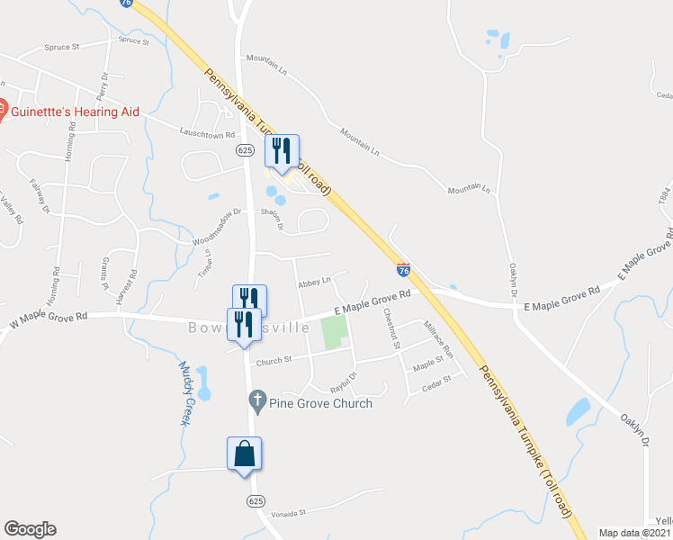 map of restaurants, bars, coffee shops, grocery stores, and more near 152 Abbey Lane in Narvon