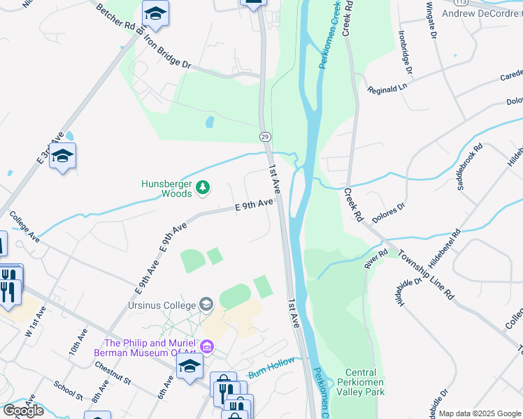 map of restaurants, bars, coffee shops, grocery stores, and more near 101 Russell Circle in Collegeville