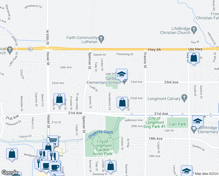 map of restaurants, bars, coffee shops, grocery stores, and more near 2141 Hackberry Circle in Longmont