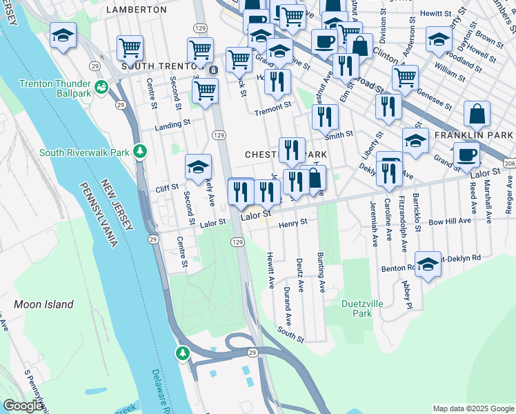 map of restaurants, bars, coffee shops, grocery stores, and more near 410 Lalor Street in Trenton