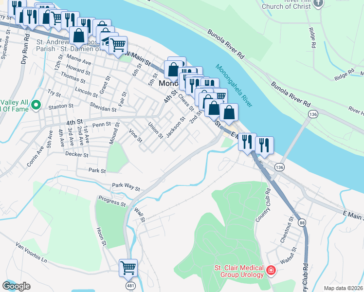 map of restaurants, bars, coffee shops, grocery stores, and more near 428 Park Avenue in Monongahela