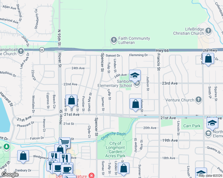 map of restaurants, bars, coffee shops, grocery stores, and more near 2157 Hackberry Circle in Longmont