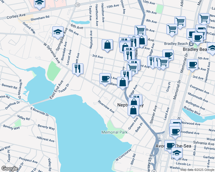 map of restaurants, bars, coffee shops, grocery stores, and more near 114 West Sylvania Avenue in Neptune City