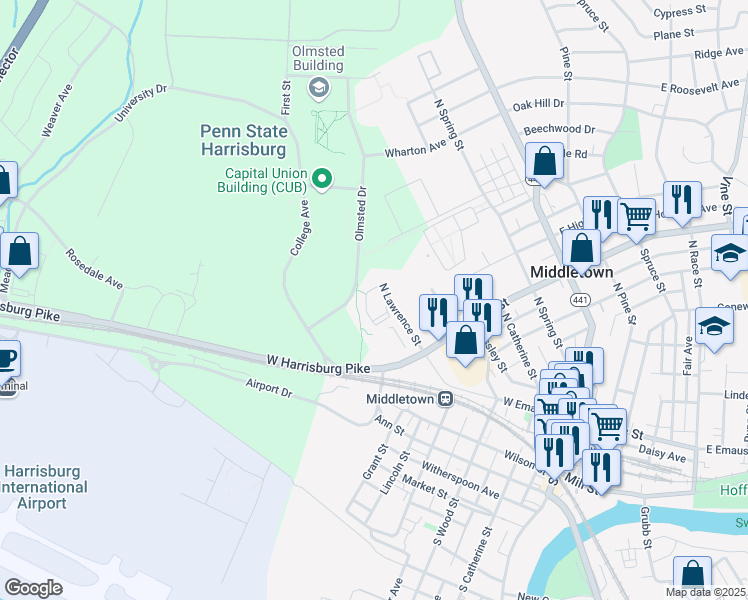map of restaurants, bars, coffee shops, grocery stores, and more near 535 North Lawrence Street in Middletown