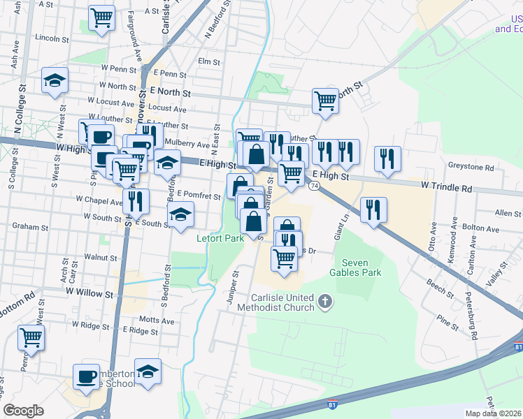 map of restaurants, bars, coffee shops, grocery stores, and more near 1 Rush Drive in Carlisle