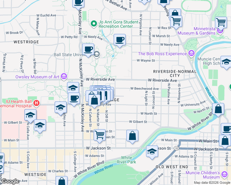 map of restaurants, bars, coffee shops, grocery stores, and more near 1405 West Ashland Avenue in Muncie