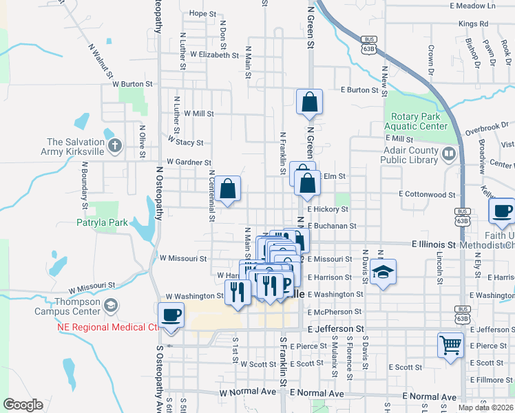 map of restaurants, bars, coffee shops, grocery stores, and more near 511 North Elson Street in Kirksville