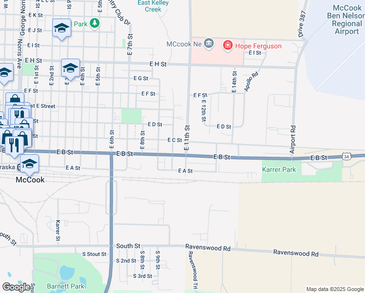 map of restaurants, bars, coffee shops, grocery stores, and more near 201-299 Drive 722 in McCook