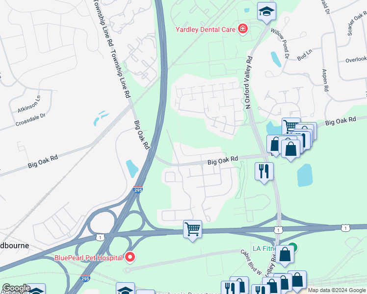 map of restaurants, bars, coffee shops, grocery stores, and more near 1 Griffin Way in Yardley