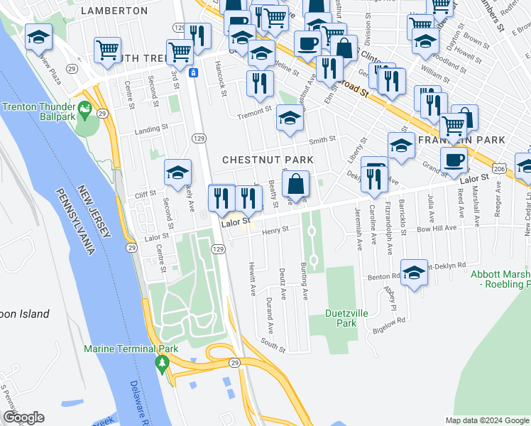 map of restaurants, bars, coffee shops, grocery stores, and more near 506 Lalor Street in Trenton