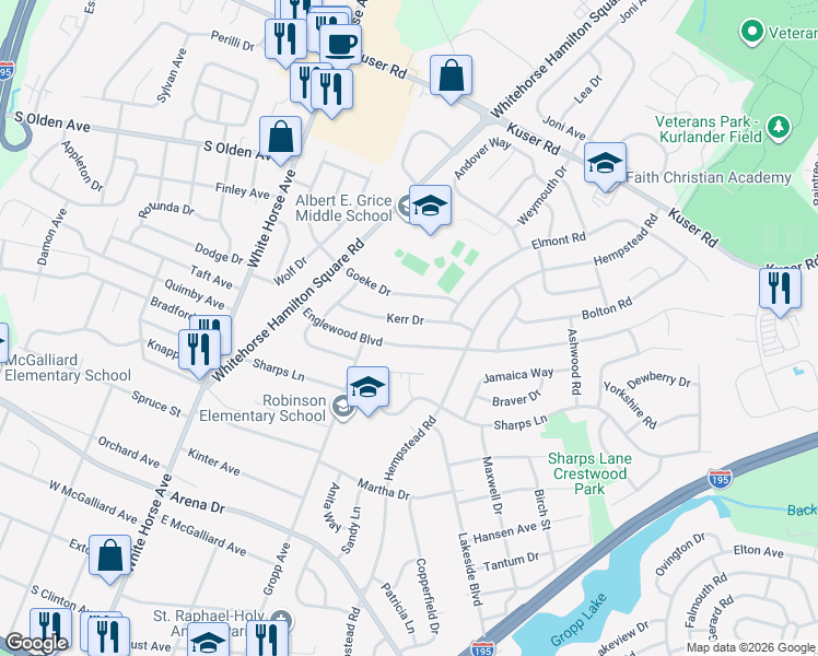 map of restaurants, bars, coffee shops, grocery stores, and more near 21 Kerr Drive in Trenton