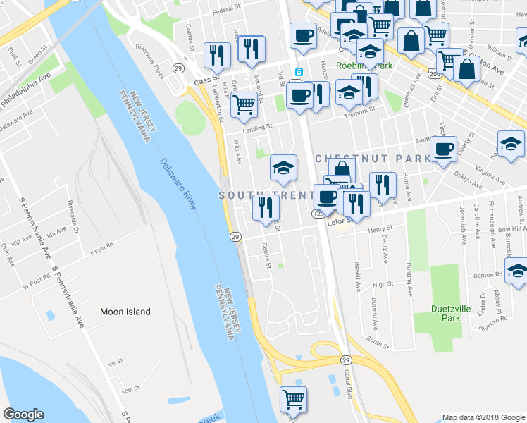 map of restaurants, bars, coffee shops, grocery stores, and more near 736 Centre Street in Trenton