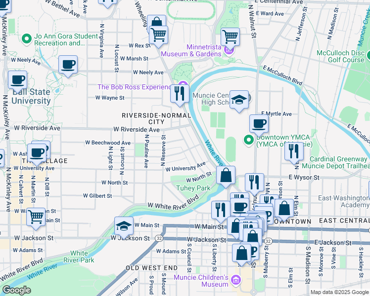 map of restaurants, bars, coffee shops, grocery stores, and more near 601 North Alameda Avenue in Muncie