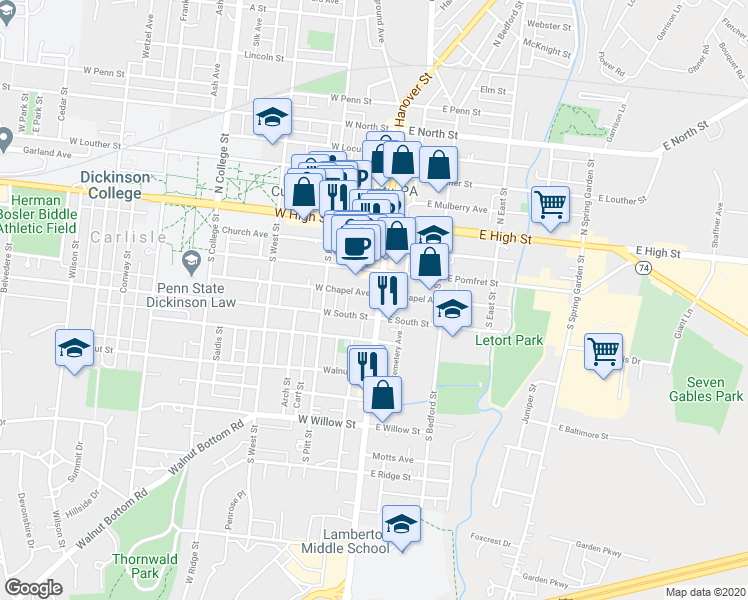 map of restaurants, bars, coffee shops, grocery stores, and more near 142 South Hanover Street in Carlisle