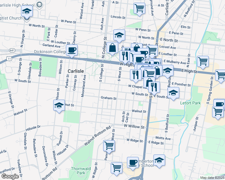 map of restaurants, bars, coffee shops, grocery stores, and more near 223 West South Street in Carlisle