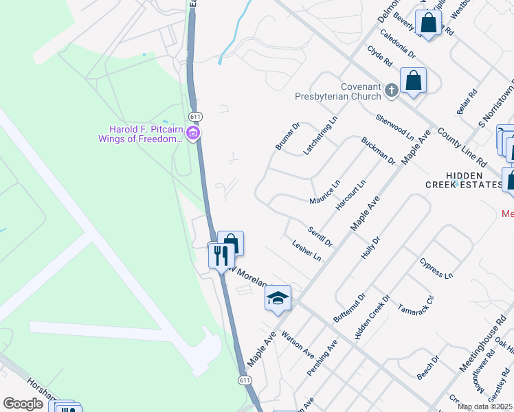 map of restaurants, bars, coffee shops, grocery stores, and more near 646 Serrill Drive in Hatboro