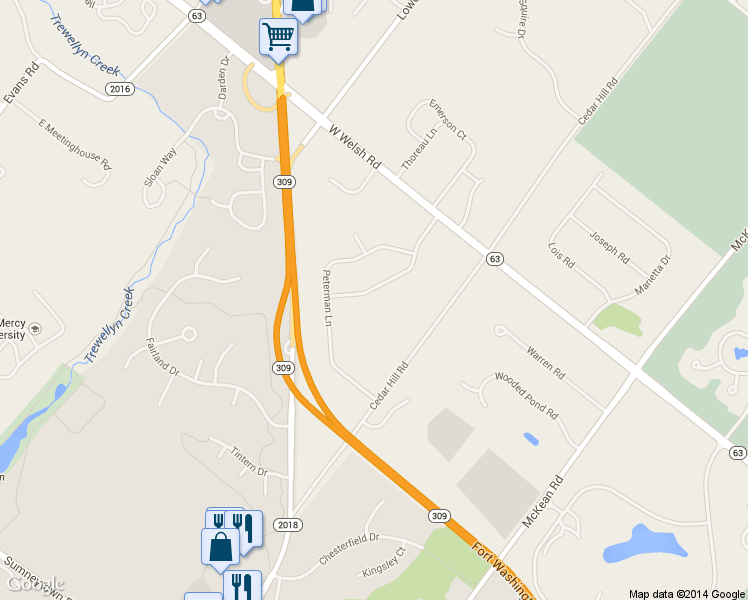 map of restaurants, bars, coffee shops, grocery stores, and more near 1530 Bardsey Dr in Ambler