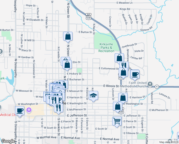 map of restaurants, bars, coffee shops, grocery stores, and more near 512 North New Street in Kirksville
