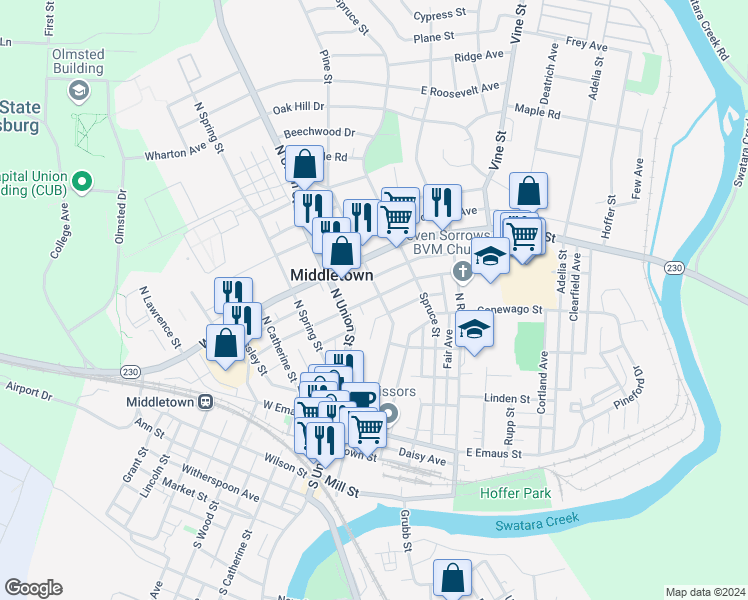 map of restaurants, bars, coffee shops, grocery stores, and more near 58 East Water Street in Middletown