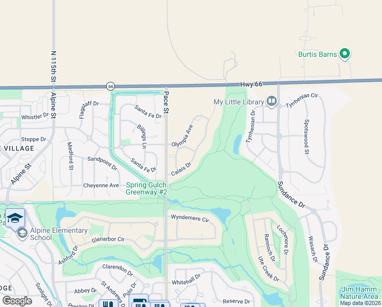 map of restaurants, bars, coffee shops, grocery stores, and more near 2202 Calais Drive in Longmont